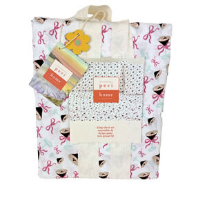 Peri Home espresso martini king 4pc Sheet Set White Pink Ribbon soft new